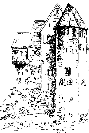 Historisches Egloffstein: Blick von Westen aus dem Graben auf den Turm